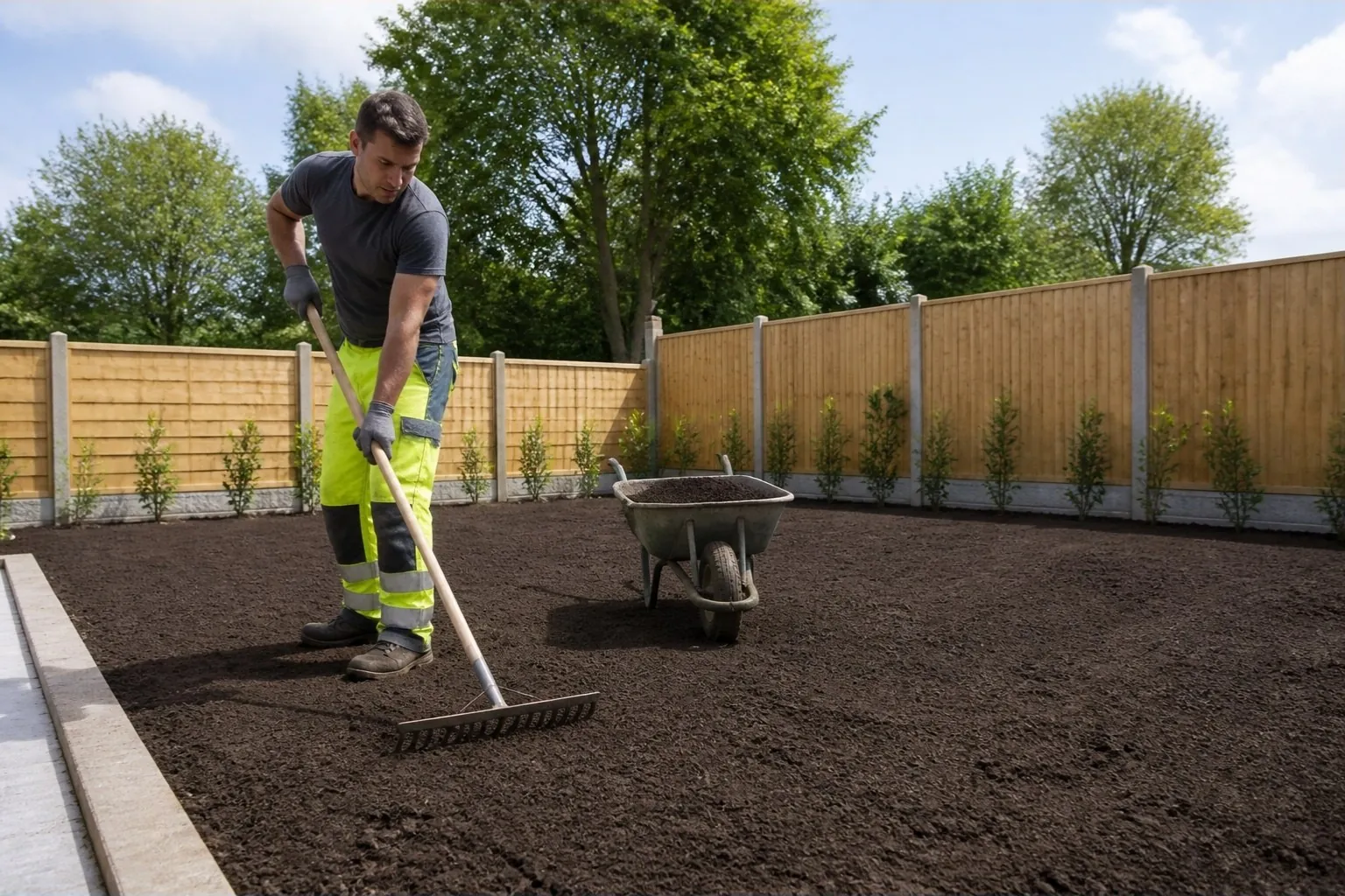 Landscaper raking soil level across a large garden ready for turf