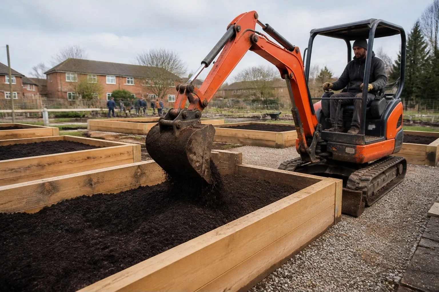 Mini digger filling new timber raised beds with dark topsoil