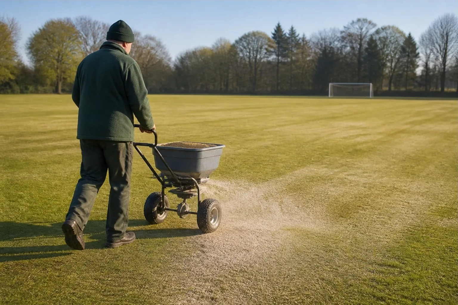 Groundsman spreading a thin top dressing across a playing field
